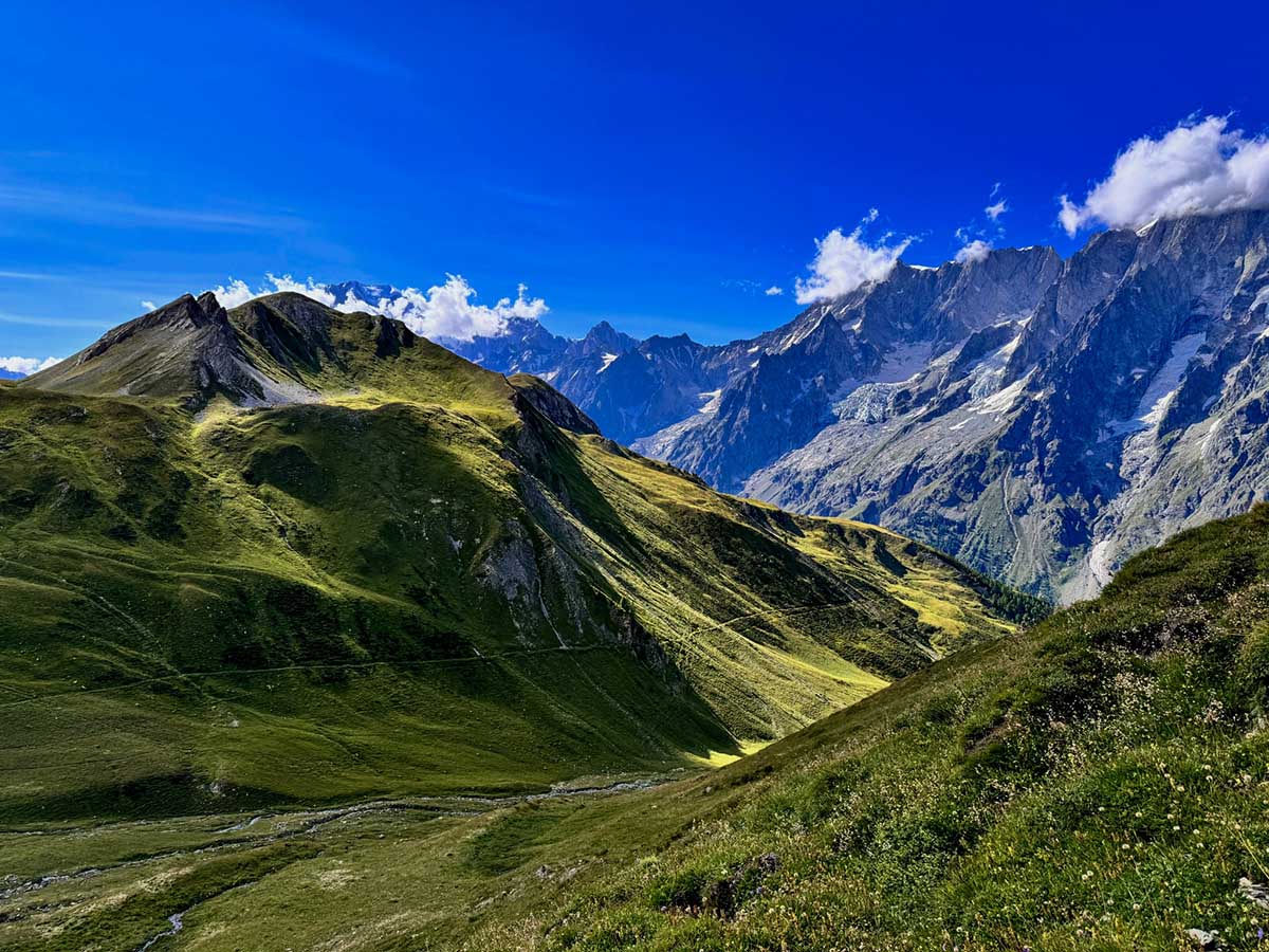 Grandes Jorasses dominant les alpages verdoyants du Val Ferret italien
